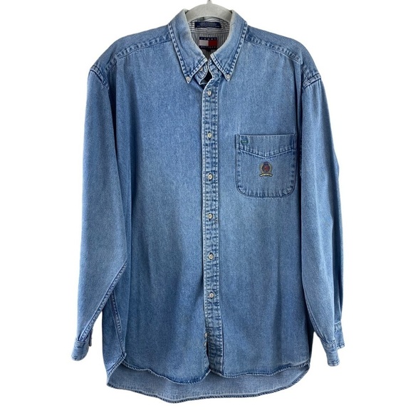 Vintage Tommy Hilfiger Men’s Light Wash Denim Button Down Shirt Sz M - Picture 1 of 8